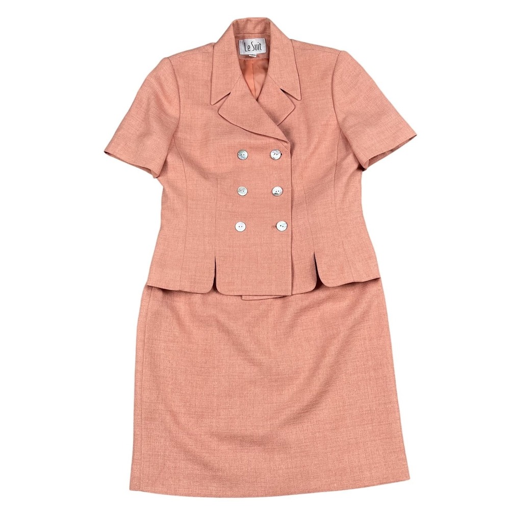 Le Suit‎ Skirt Suit Women 6 Coral Pink Double Breasted Short Sleeve Textured Set